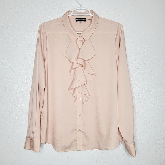 Karl Lagerfeld Tops - Karl Lagerfeld Blush Ruffle Tuxedo Button Up Blouse Women's Size Large